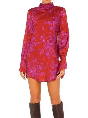 NWT Free People Red Mini Dress with Purple Floral Jacquard
